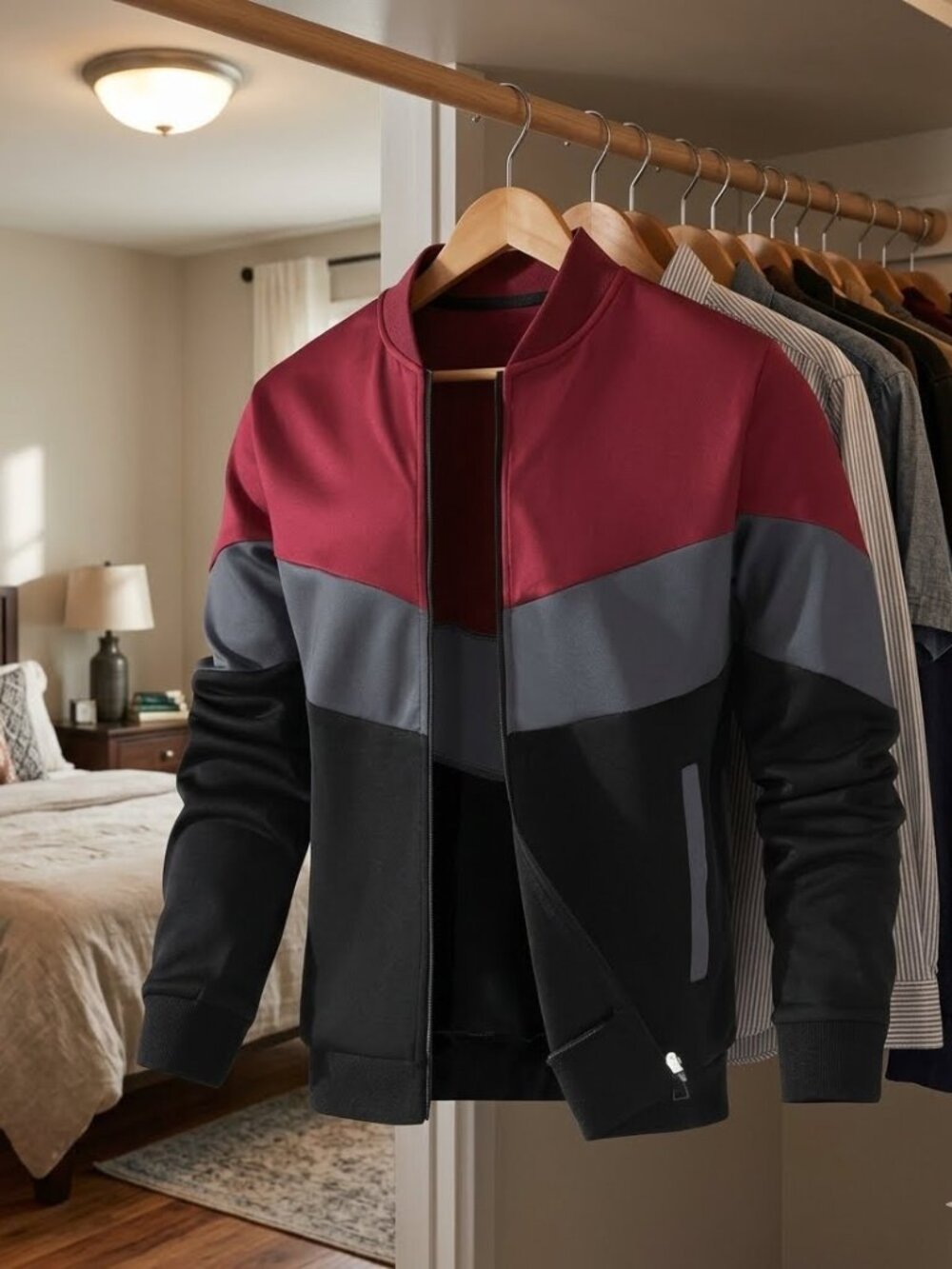 Mens Lightweight Jacket Casual Bomber Jacket Color Block Varsity Coat